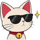The Mewlang cat, wearing glasses, looking confident